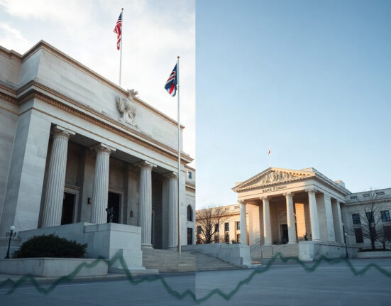 Federal Reserve and Bank of Japan buildings representing monetary policy divergence affecting the yen