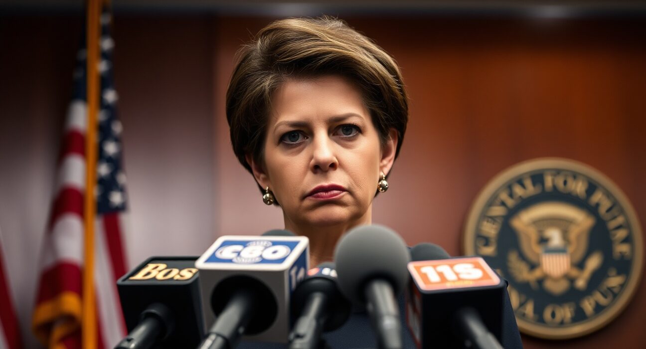 Federal Reserve Governor Michelle Bowman at a press conference, speaking about stalled inflation progress.