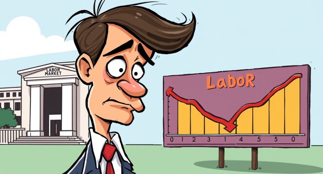 Cartoon illustration showing Federal Reserve concern over a weakening US labor market, signaling potential policy changes.