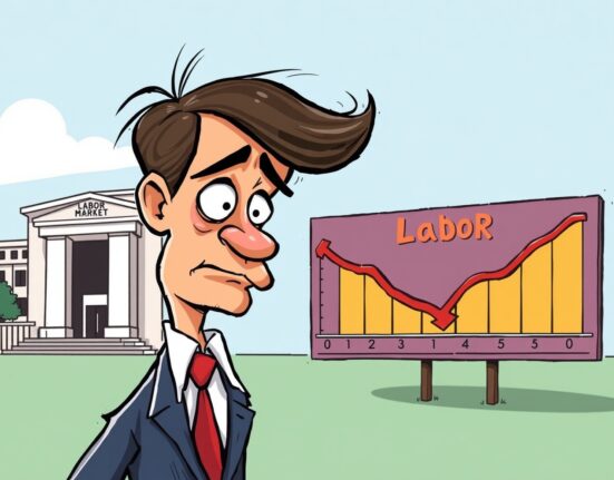 Cartoon illustration showing Federal Reserve concern over a weakening US labor market, signaling potential policy changes.
