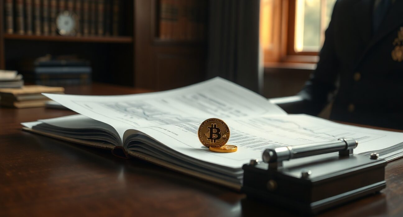 Federal Reserve Chair Kevin Warsh's financial disclosure documents with a Bitcoin token on a desk