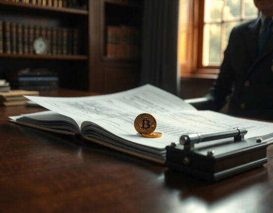 Federal Reserve Chair Kevin Warsh's financial disclosure documents with a Bitcoin token on a desk