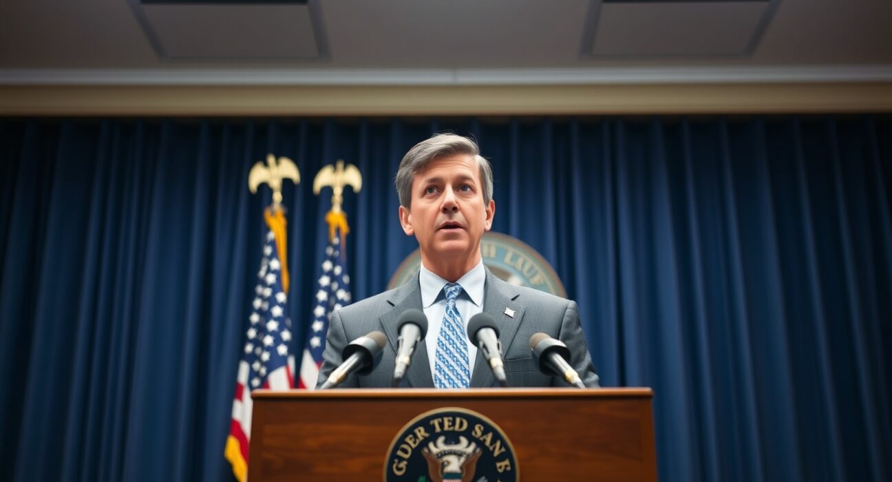 Federal Reserve Chair Kevin Warsh at a press conference podium with microphones and U.S. flag
