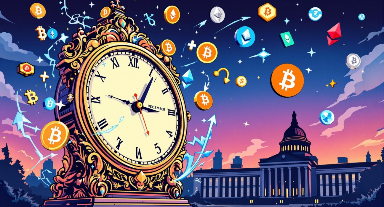 A clock ticking towards the nomination of the new Federal Reserve chair, with crypto symbols illustrating market anticipation.