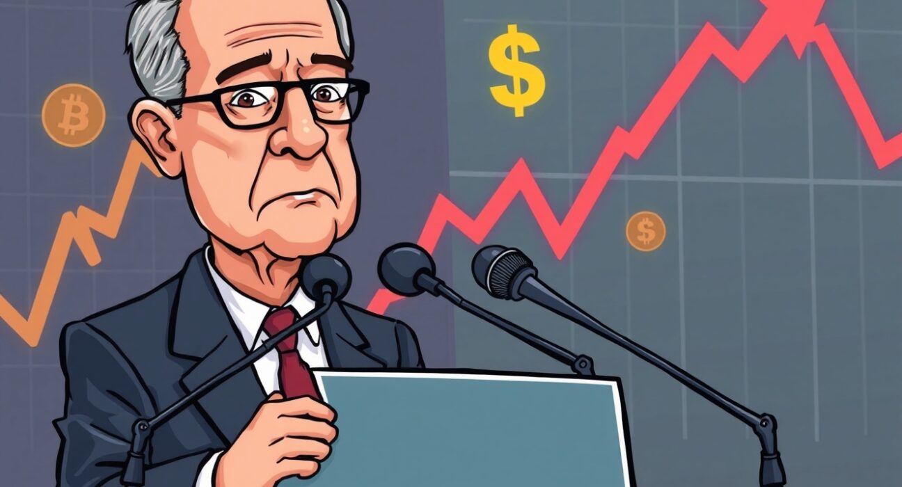 A cartoon illustration showing Fed Chair Powell delivering a speech, with crypto market charts reacting behind him, conveying the crucial impact of his statements on cryptocurrency.