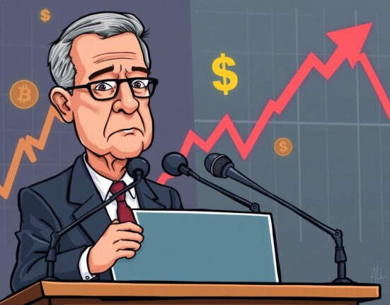 A cartoon illustration showing Fed Chair Powell delivering a speech, with crypto market charts reacting behind him, conveying the crucial impact of his statements on cryptocurrency.