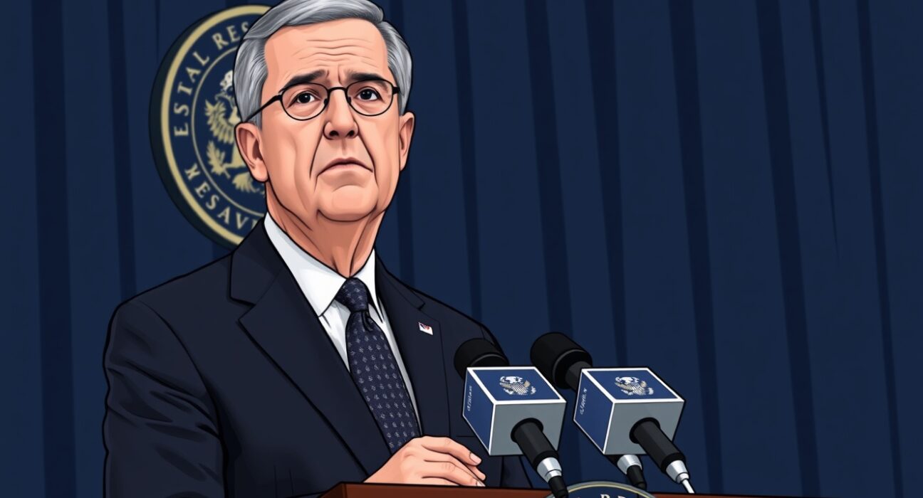 Fed Chair Jerome Powell speaks at a press conference about interest rates being at the upper end of the neutral range.