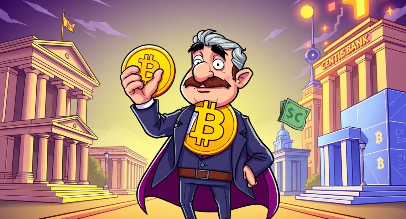 Cartoon illustration of Fed Chair selection process showing cryptocurrency integration with traditional monetary policy decisions.