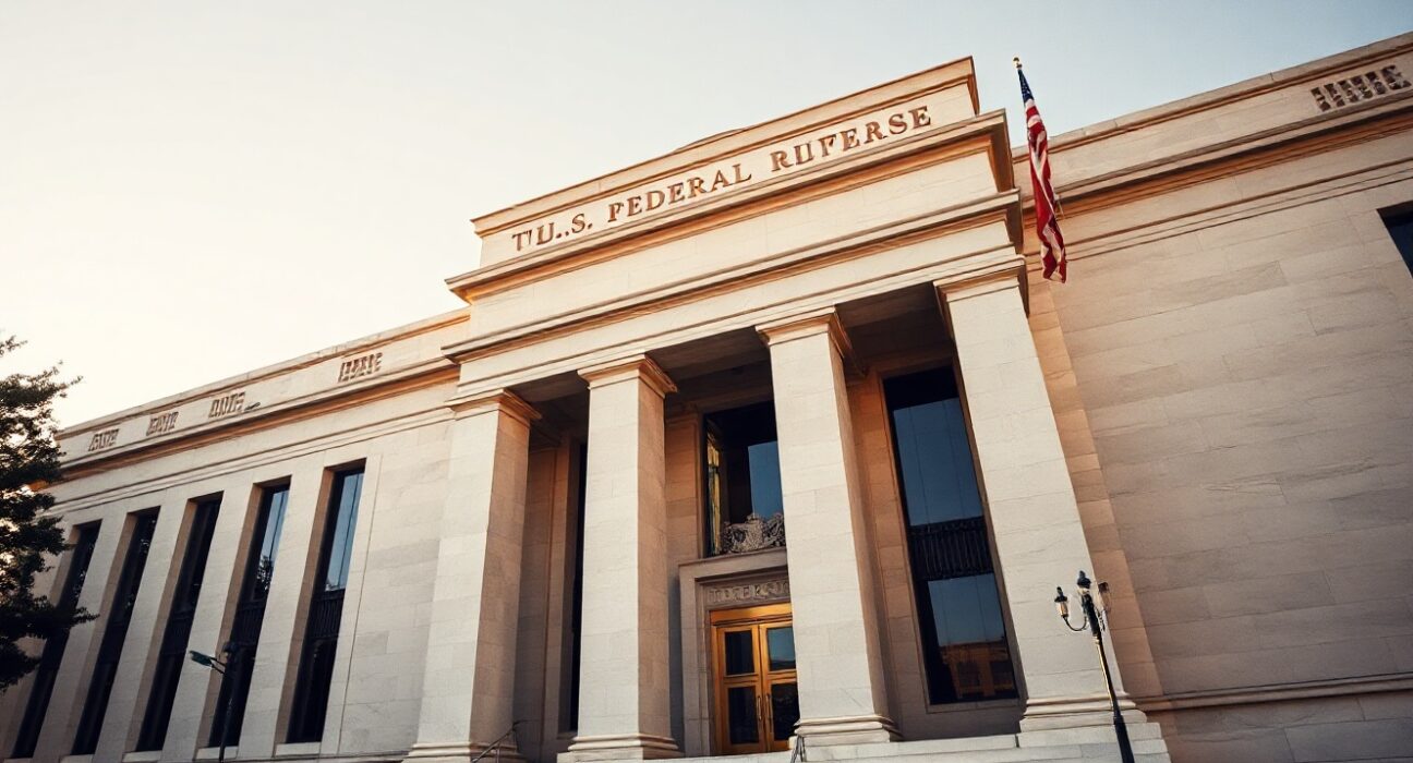 Federal Reserve building in Washington, D.C., with columns and flag, in late afternoon light.