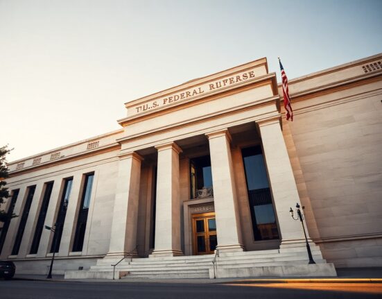 Federal Reserve building in Washington, D.C., with columns and flag, in late afternoon light.