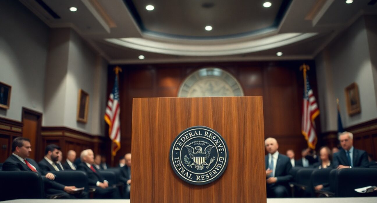 Federal Reserve press conference podium with central bank seal in Washington D.C.