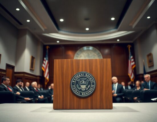 Federal Reserve press conference podium with central bank seal in Washington D.C.
