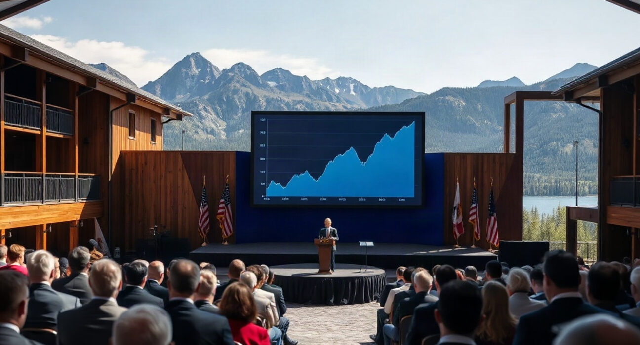 Federal Reserve Chair Kevin Warsh speaking at Jackson Hole with dollar index chart on screen