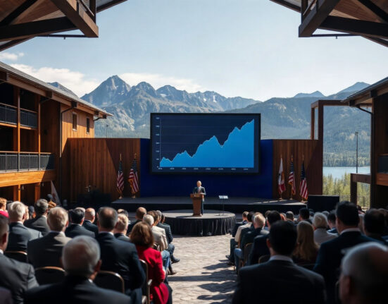 Federal Reserve Chair Kevin Warsh speaking at Jackson Hole with dollar index chart on screen