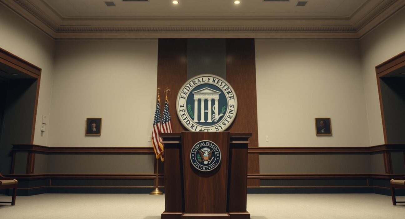 Interior of the Federal Reserve press briefing room with podium and Fed seal.