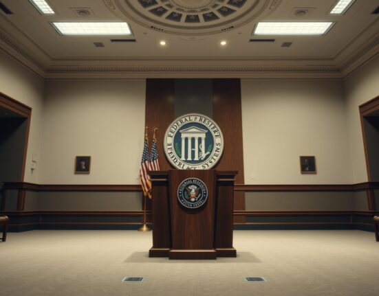 Interior of the Federal Reserve press briefing room with podium and Fed seal.