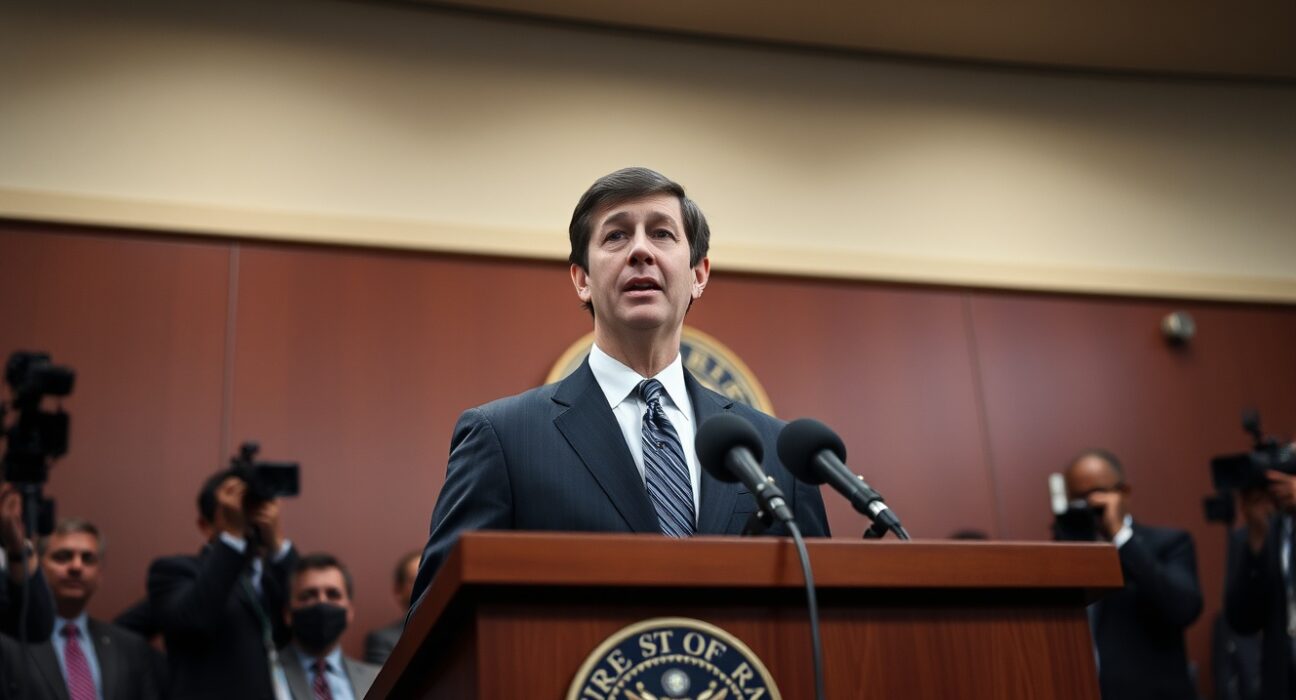Federal Reserve Chairman Kevin Warsh at a press conference podium with microphones.