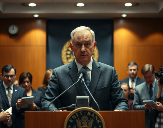 Federal Reserve Chair Warsh speaking at a press conference podium