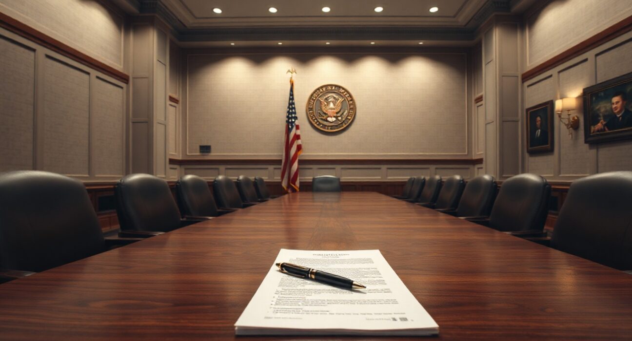 Empty Federal Reserve boardroom with American flag, symbolizing monetary policy decisions.