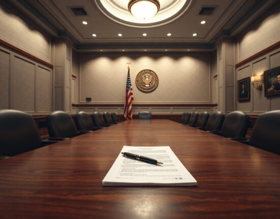 Empty Federal Reserve boardroom with American flag, symbolizing monetary policy decisions.