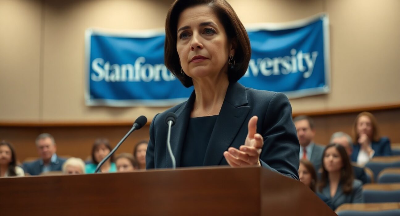 Federal Reserve Governor Lisa Cook speaking at a Stanford University event about inflation risks and potential rate hikes.