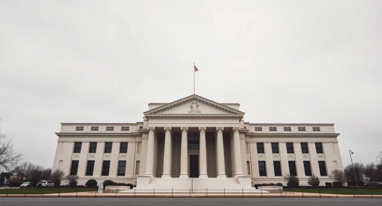 Exterior of the Federal Reserve building in Washington, D.C. on an overcast day