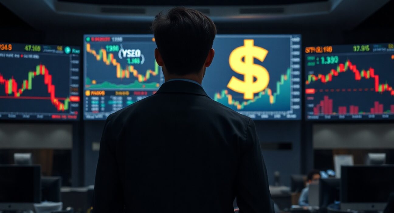 Financial analyst monitoring currency and rate charts on trading floor screens