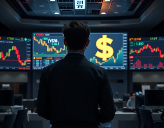 Financial analyst monitoring currency and rate charts on trading floor screens