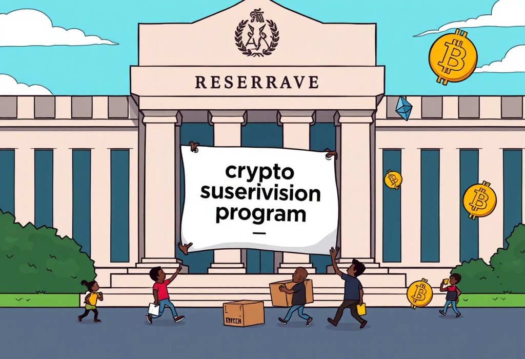 A cartoon image illustrating the Federal Reserve disbanding its Fed crypto supervision program, symbolizing a significant change in digital asset oversight.