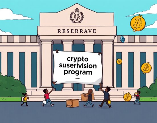 A cartoon image illustrating the Federal Reserve disbanding its Fed crypto supervision program, symbolizing a significant change in digital asset oversight.