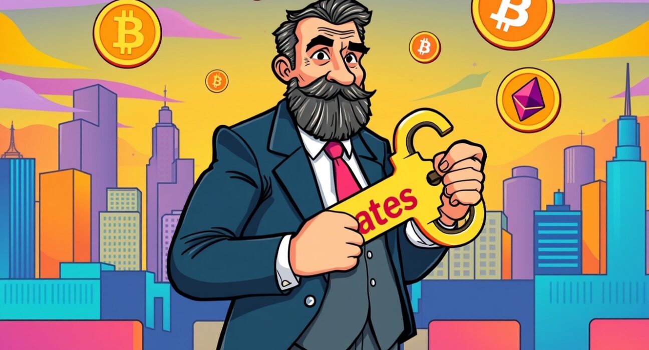 Cartoon illustration of the Federal Reserve cutting the benchmark interest rate, affecting financial markets.