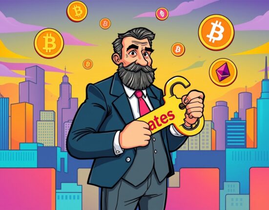 Cartoon illustration of the Federal Reserve cutting the benchmark interest rate, affecting financial markets.