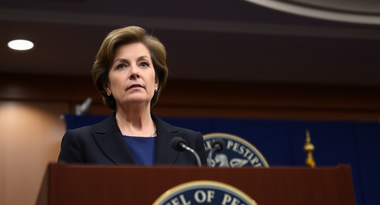 Federal Reserve Bank of San Francisco President Mary Daly speaking at a press conference about inflation risks.