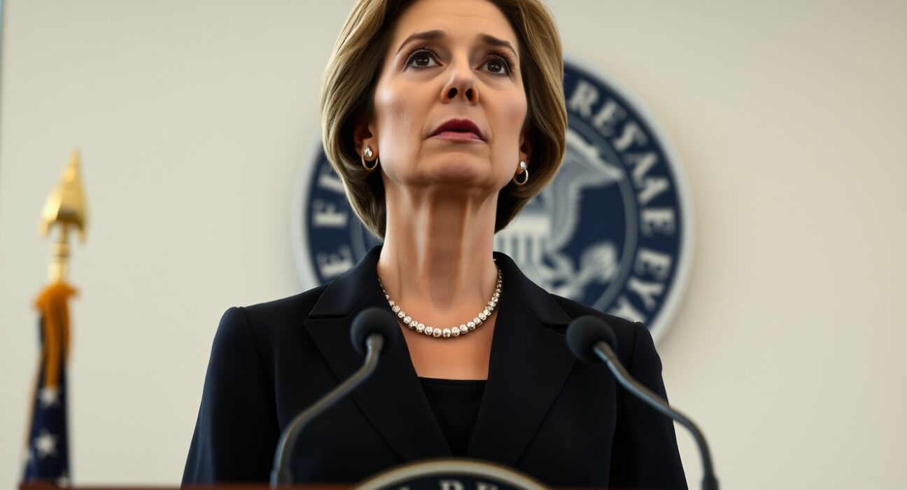 Federal Reserve President Mary Daly discussing inflation and interest rate policy at press conference