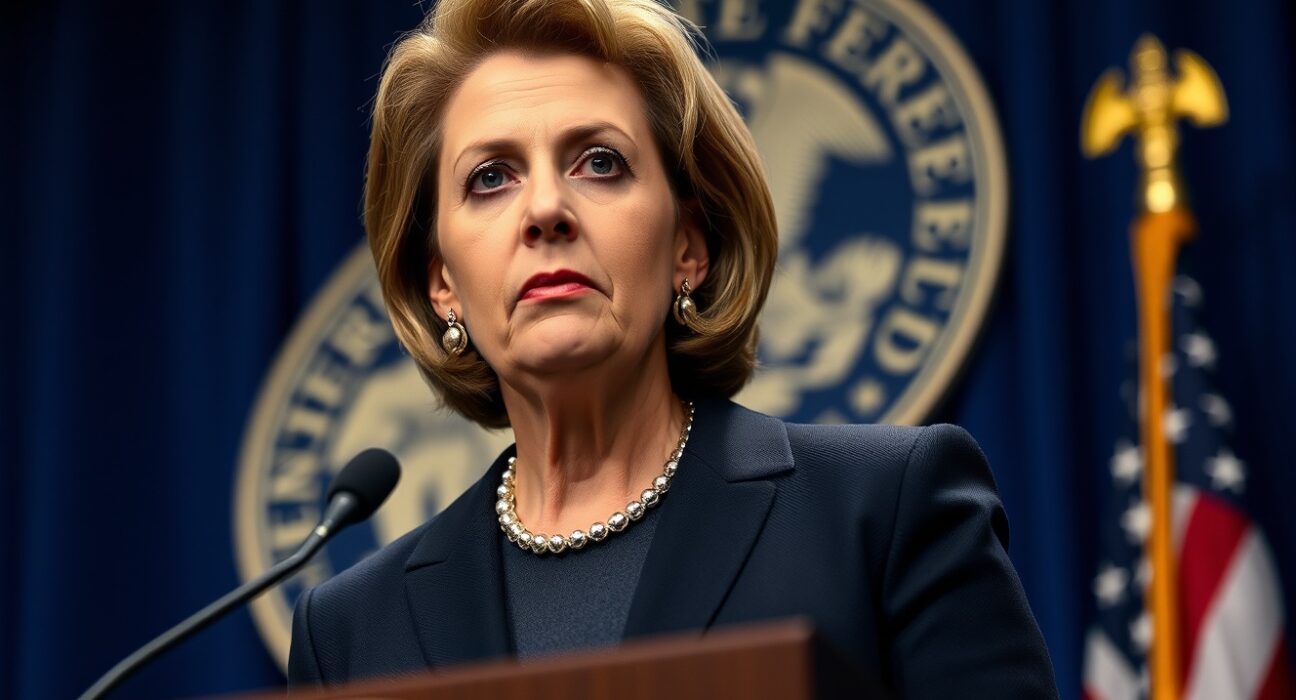 Federal Reserve Bank of San Francisco President Mary Daly speaking at a podium, emphasizing inflation control as top priority.