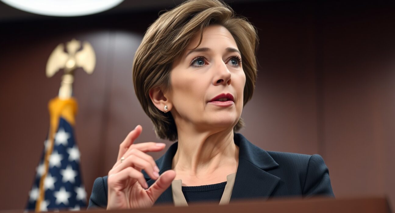 Federal Reserve President Mary Daly discussing monetary policy uncertainty at a press conference