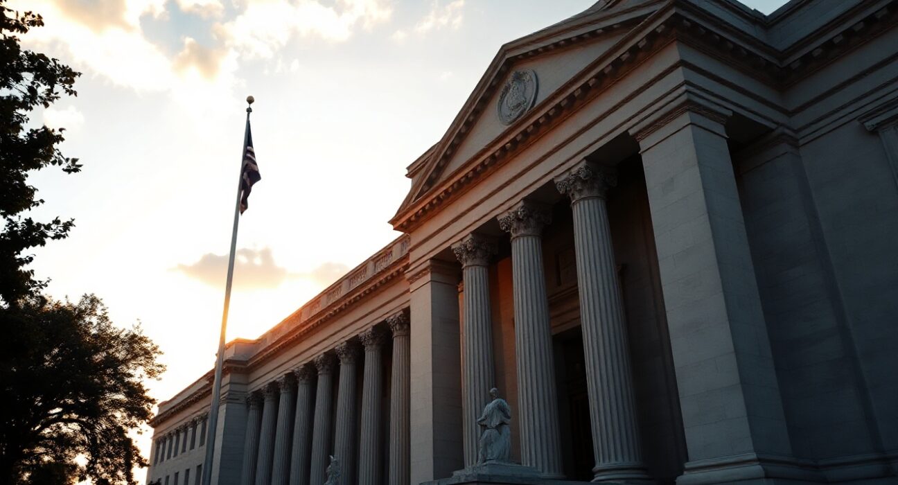 Exterior of the Federal Reserve building in Washington, D.C., during late afternoon.