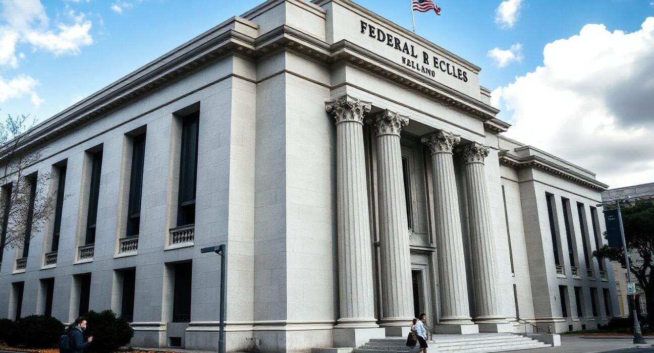 Exterior of the Federal Reserve building in Washington, D.C., under a partly cloudy sky.
