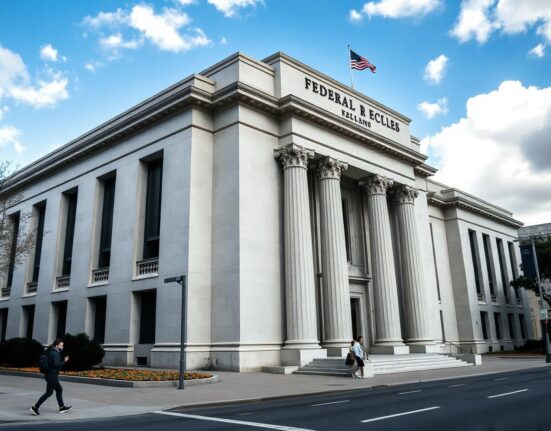 Exterior of the Federal Reserve building in Washington, D.C., under a partly cloudy sky.