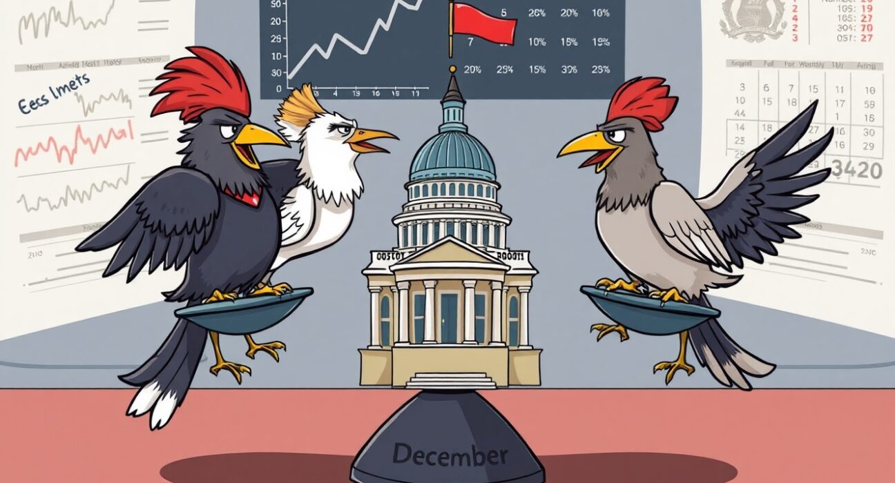 Cartoon illustration of Fed hawks and doves debating a December rate cut on a scale