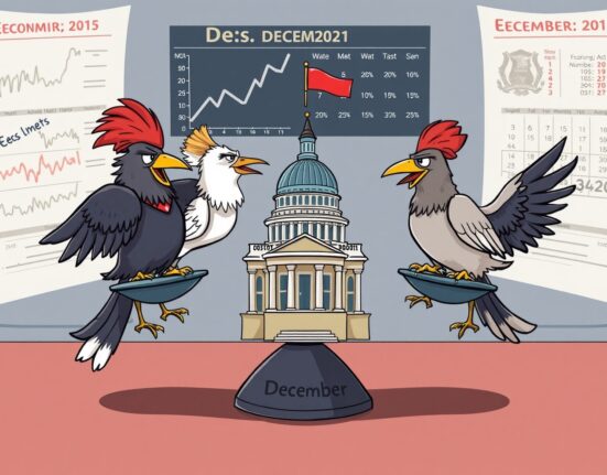 Cartoon illustration of Fed hawks and doves debating a December rate cut on a scale