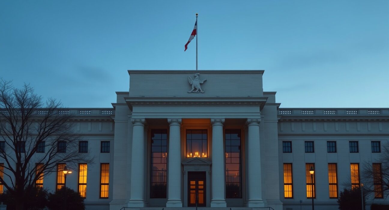 Federal Reserve building analysis of monetary policy decisions on interest rates and inflation