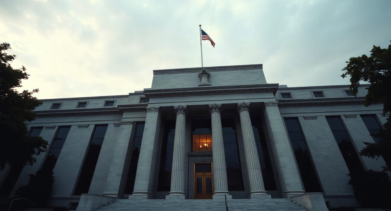 Federal Reserve building in Washington, D.C., under overcast sky, symbolizing monetary policy uncertainty.