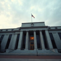 Federal Reserve building in Washington, D.C., under overcast sky, symbolizing monetary policy uncertainty.