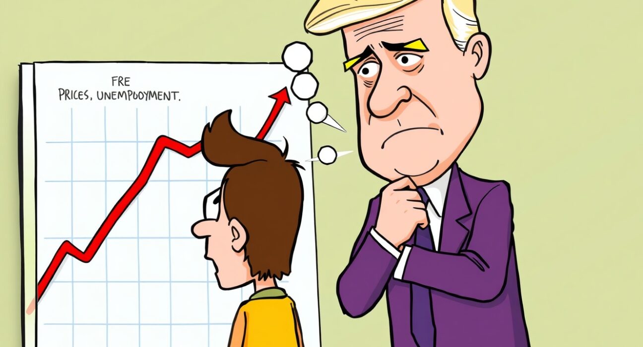 A cartoon illustration depicting the current Fed economic outlook, showing rising unemployment and inflation concerns.