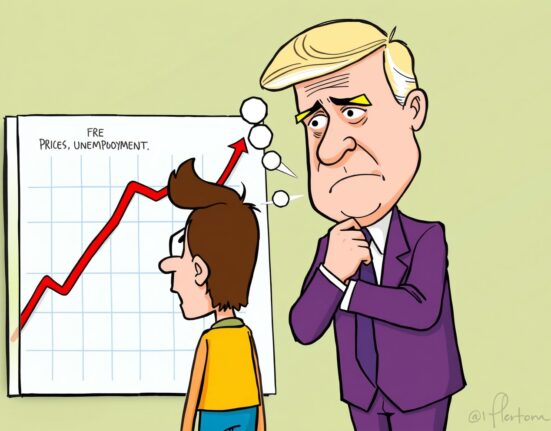 A cartoon illustration depicting the current Fed economic outlook, showing rising unemployment and inflation concerns.