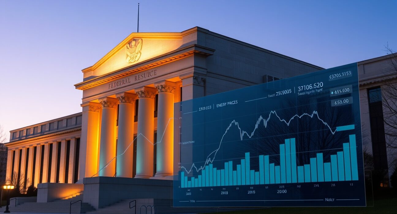Federal Reserve building with energy market data visualization showing impact on monetary policy decisions
