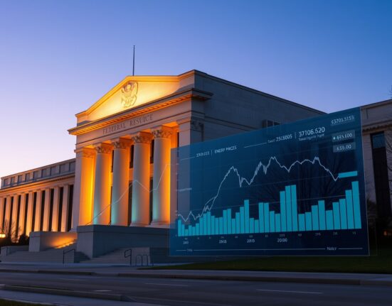 Federal Reserve building with energy market data visualization showing impact on monetary policy decisions