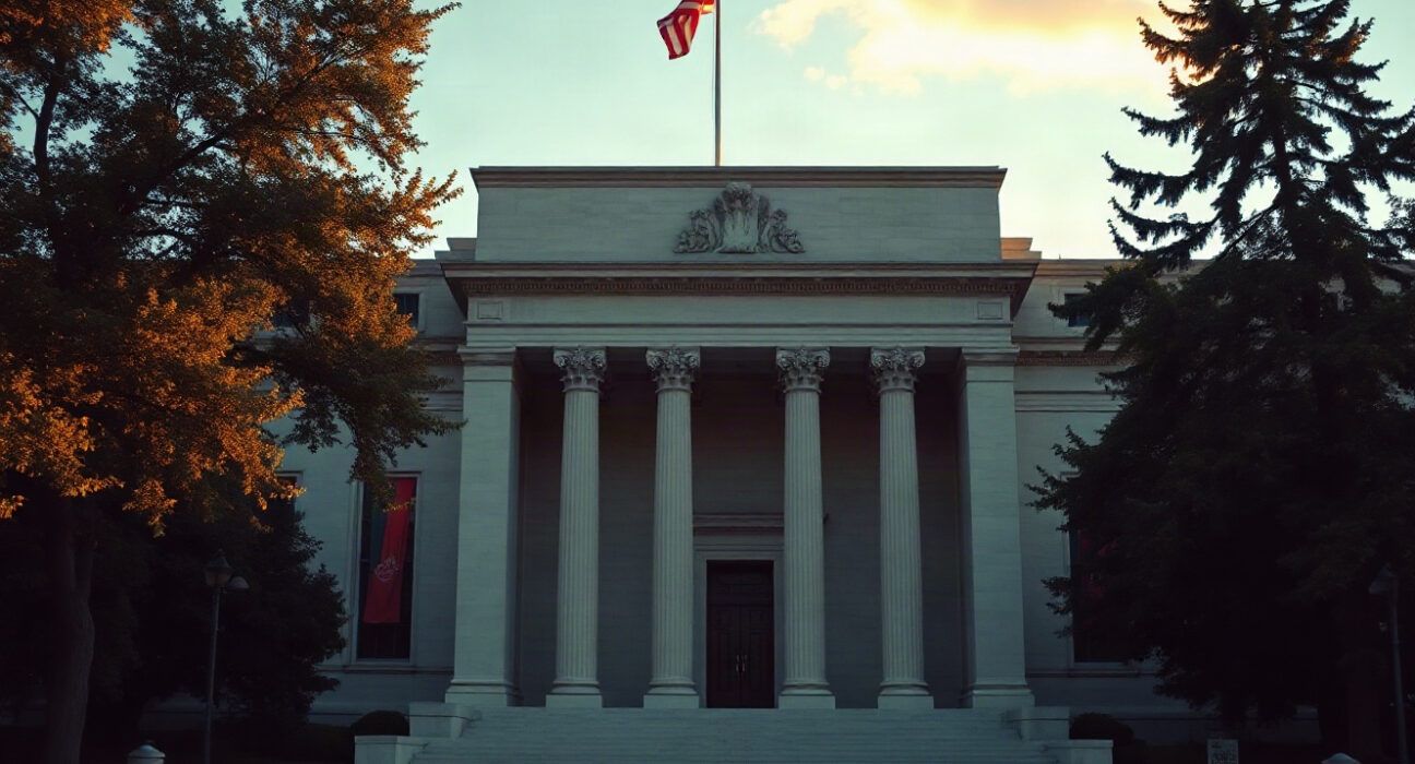 Federal Reserve Building in Washington, D.C., under a clear sky, symbolizing monetary policy decisions.