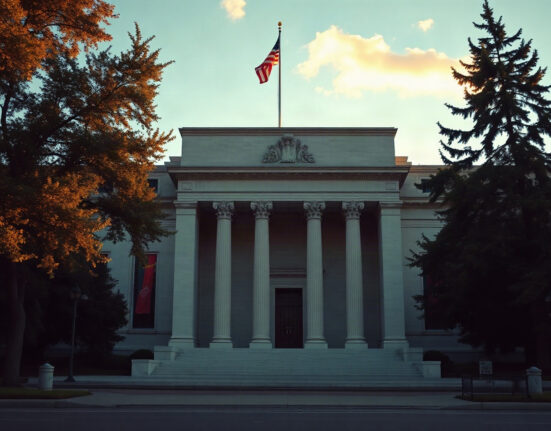 Federal Reserve Building in Washington, D.C., under a clear sky, symbolizing monetary policy decisions.